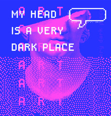 Vector pixel art ilustration with Hellenistic Colossal Head of a Youth  Greek sculpture. Vaporwave and retrowave style collage, postmodern aesthetics.