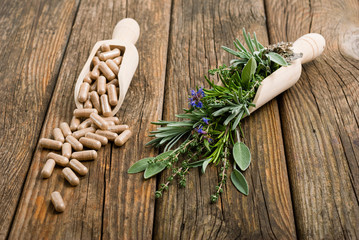herbal plants and medicine capsules on old wooden