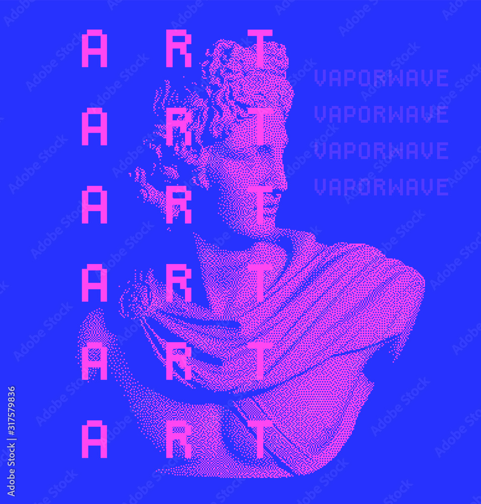 Poster The Apollo Belvedere (or Pythian) marble sculpture from Classical Antiquity made in 8-bit pixel art technique. Vaporwave trendy fashion print for t-shirt, apparel or notebook.