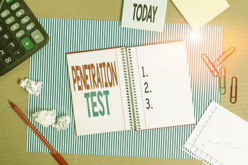 Writing note showing Penetration Test. Business concept for authorized simulated cyberattack on a computer system Striped paperboard notebook cardboard office study supplies chart paper
