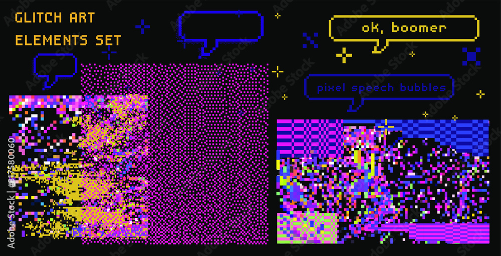Poster Set of pixelated speech bubbles like in 8-bit arcade game and glitch art elements. Retrowave and vaporwave style design elements.