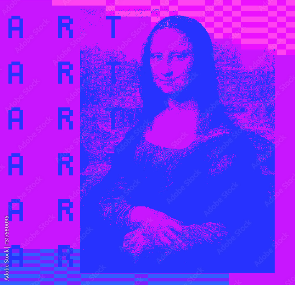 Poster Portret made of pixels with generative art algorithm. Vaporwave and retrowave style vector illustration  in duotone purple and blue color palette.