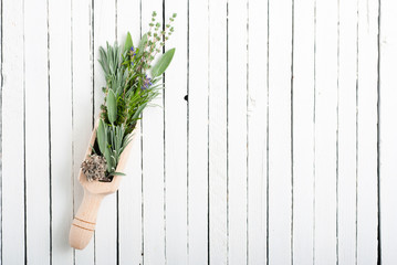 bunch of herbal plants on scoop, white wood table background