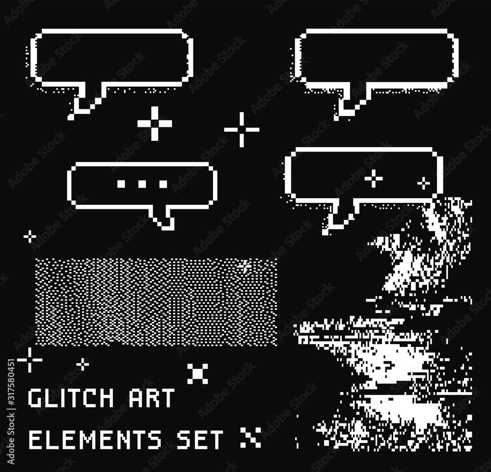 Poster Set of pixel art speech bubbles like in 8-bit arcade game. Retrowave and vaporwave style design elements.