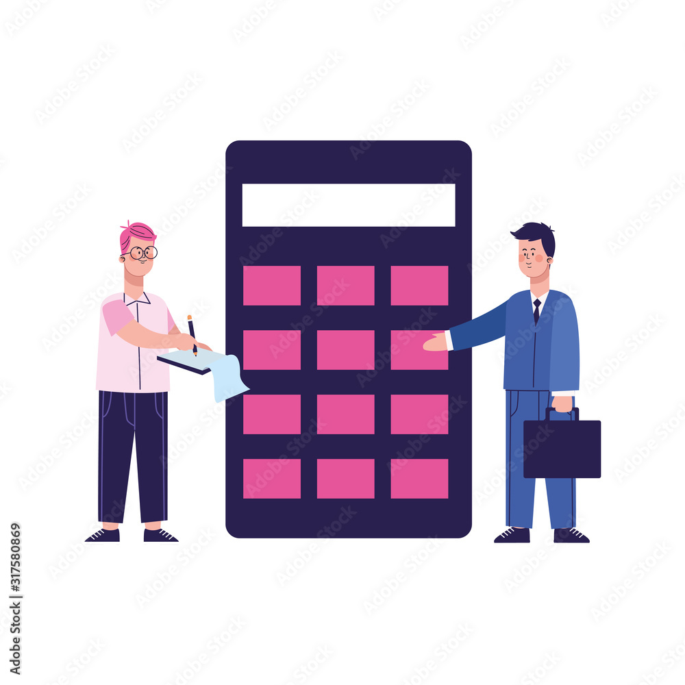 Wall mural businessman and man standing next to a big calculator