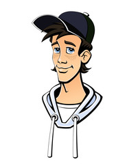 Teenager boy in a baseball cap. Face, portrait. Emotion smile. Comic book style.