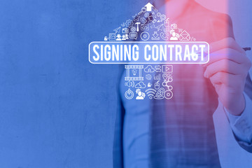 Word writing text Signing Contract. Business photo showcasing the parties signing the document...