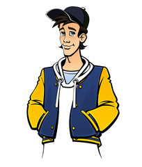 Teenager in a baseball cap and a university jacket. Comic book style.