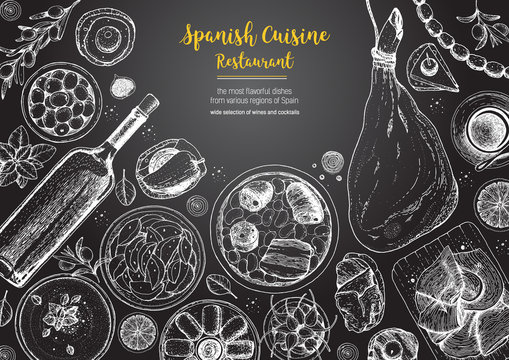 Spanish cuisine top view frame. A set of spanish dishes with jamon, patatas bravas, fabada, gaspacho, tapas. Food menu design template. Vintage hand drawn sketch vector illustration. Engraved image