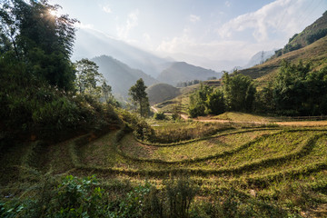 Beautiful panoramic view of the hills from Sa Pa region in Vietnam, Ho&agrave;ng Li&ecirc;n Son Mountains, in Lao Cai Province, Asia