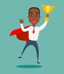 Businessman in a red cloak holding winner cup. Superhero of business. Vector flat design illustration.