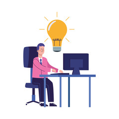 businessman working at office desk with computer with bulb light icon, colorful design