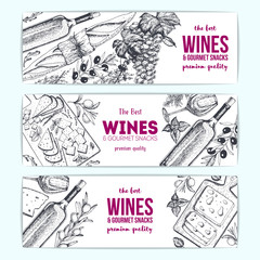 Wines and gourmet snacks banner collection. Gourmet food set vector illustration. Local wines and gourmet snacks shop design template.