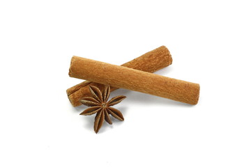 Cinnamon sticks and anise star isolated on white background close up. Spice Cinnamon sticks and anise star.