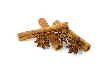 Cinnamon sticks and anise star isolated on white background close up. Spice Cinnamon sticks and anise star.