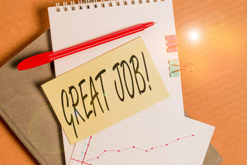 Word writing text Great Job. Business photo showcasing used praising someone for something they...