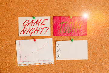 Conceptual hand writing showing Game Night. Concept meaning usually its called on adult play dates...