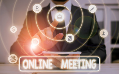 Conceptual hand writing showing Online Meeting. Concept meaning a meeting that takes place over an electronic medium