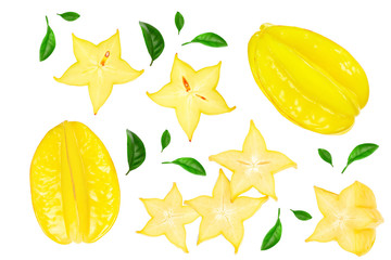 Carambola or star-fruit with leaf isolated on white background. Top view. Flat lay