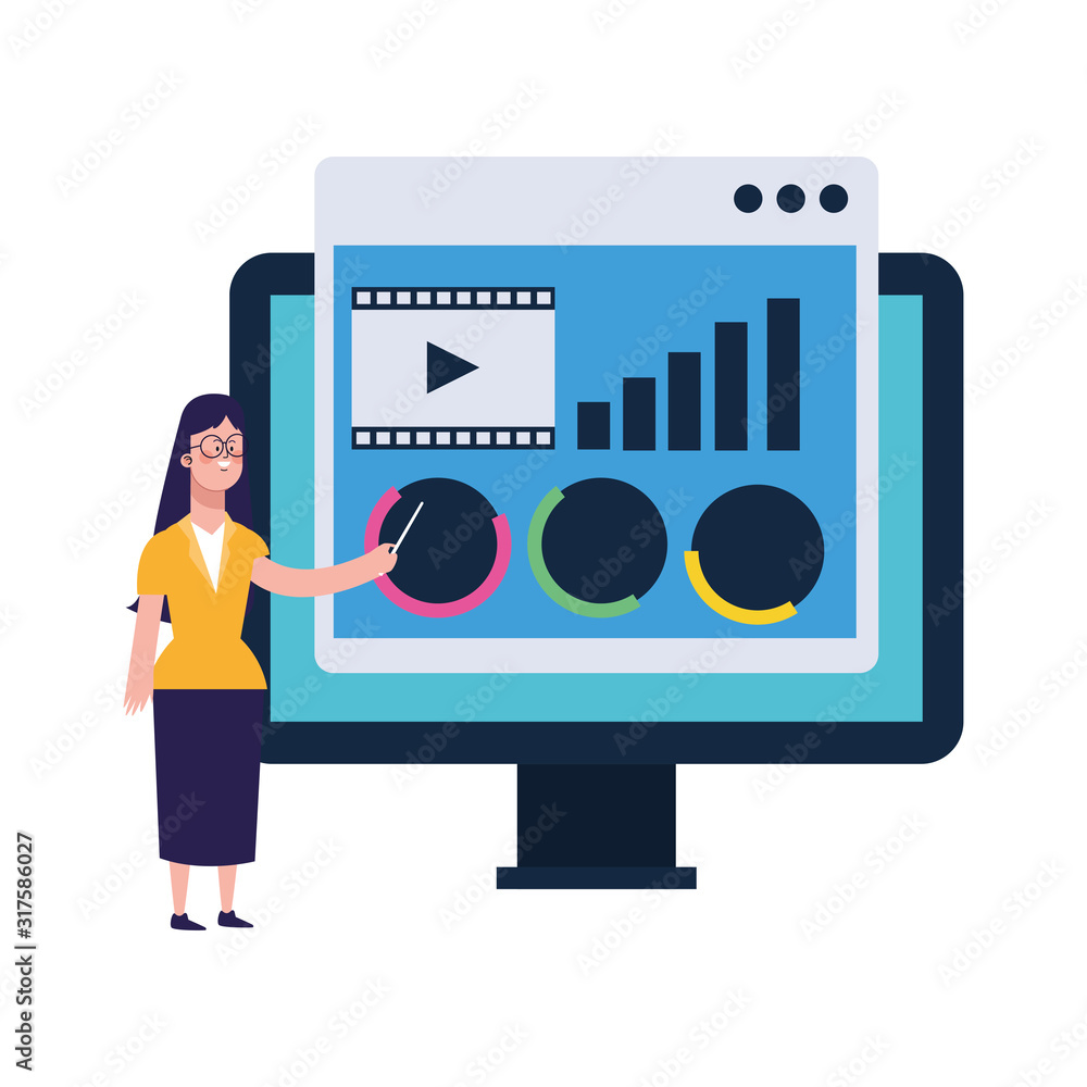Aufkleber woman pointing a computer with web page window, colorful design