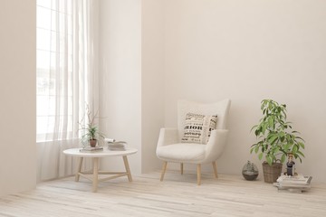 Stylish room in white color with armchair. Scandinavian interior design. 3D illustration