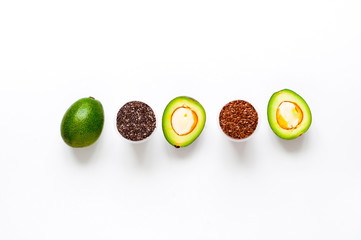 Ingredients for ketogenic diet on white background. The concept of healthy eating. Close-up