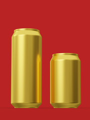 Golden cans for beverages. Can 500ml and 330ml. 3d illustration