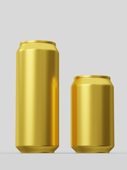 Golden cans for beverages. Can 500ml and 330ml. 3d illustration