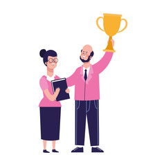 cartoon woman and businessman holding up a trophy, colorful design