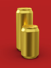 Golden cans for beverages. Can 500ml and 330ml. 3d illustration