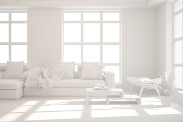 Mock up of stylish room in white color with sofa. Scandinavian interior design. 3D illustration