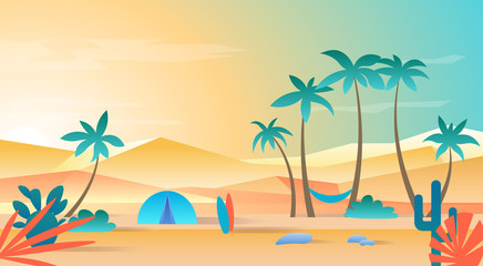 Fototapeta na wymiar Sunset, sunrise by the sea, ocean. Vector image of a holiday on the beach. Background with cacti, tent, surfboards. Summer landscape illustration with palms. Flat design