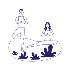 woman and man doing yoga on the grass, flat design