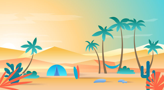 Sunset, sunrise by the sea, ocean. Vector image of a holiday on the beach. Background with cacti, tent, surfboards. Summer landscape illustration with palms. Flat design