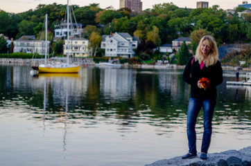 Woman walking around Halifax harbor