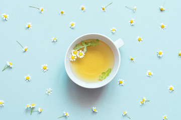 A cup of herbal chamomile tea with chamomile flowers 