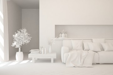 Mock up of stylish room in white color with sofa. Scandinavian interior design. 3D illustration