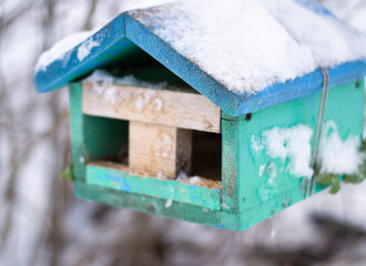 Cold winter Blue roof and green wall is birdhouse covered in snow