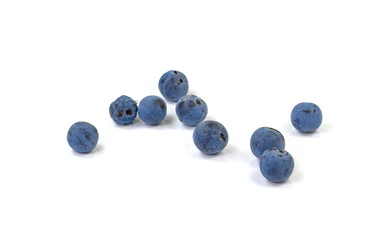 Prunus spinosa (blackthorn; sloe) scattered berries isolated on white background. Prunus spinosa is...