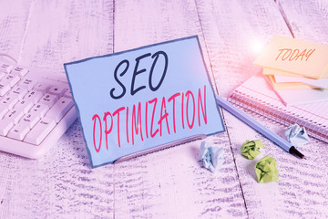 Handwriting text Seo Optimization. Conceptual photo increasing visibility of a website or a web...