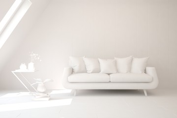 Mock up of stylish room in white color with sofa. Scandinavian interior design. 3D illustration