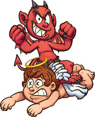 Devil kid standing over defeated kid angel. Vector cartoon clip art illustration with simple gradients. All on a single layer.