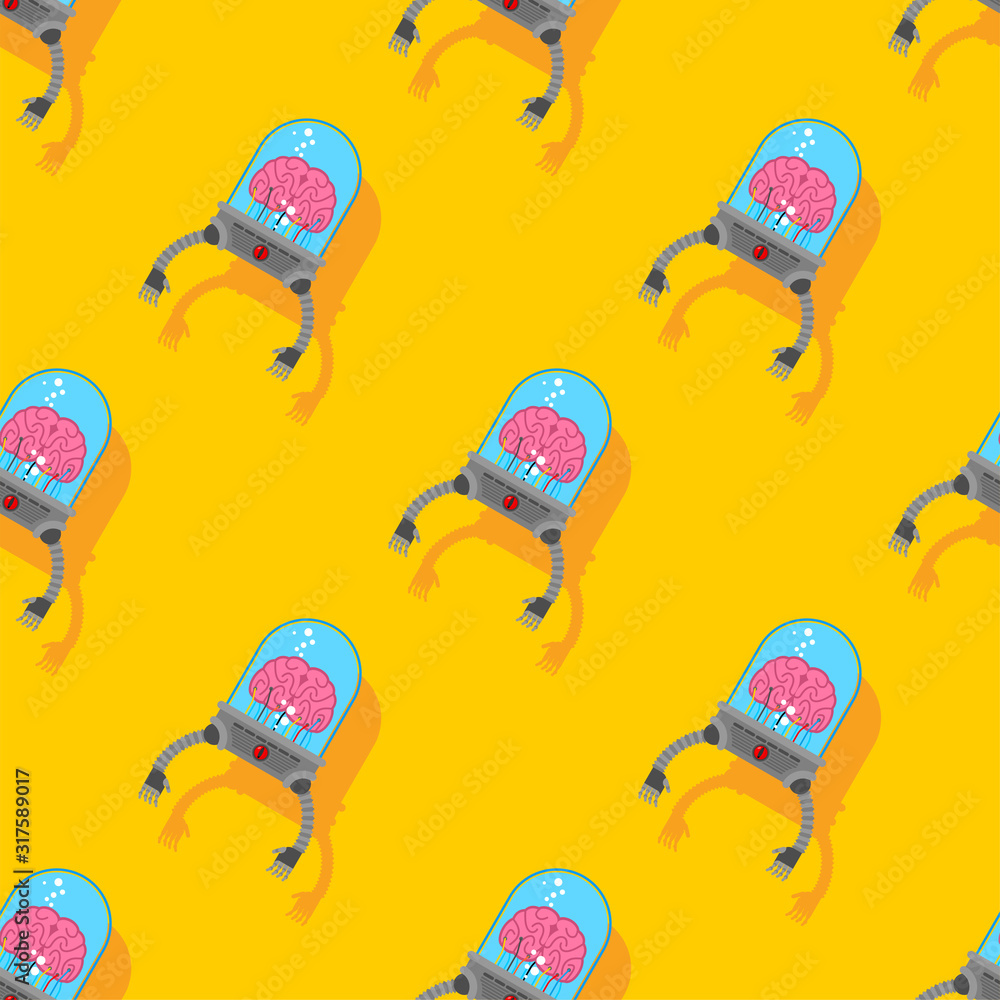 Poster brain with robot hands pattern seamless. artificial intelligence with human organs. technology of th