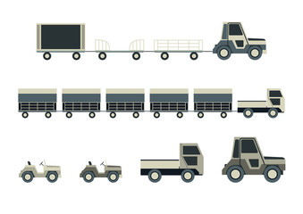Passenger airport ground technics isolated set in flat style. Baggage cart vector illustration. Aviation terminal logistics and airport infrastructure elements