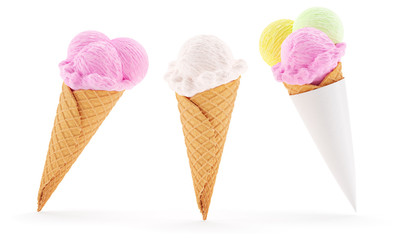 Set of ice-cream cones in crisp waffles with vanilla and fruity flavoured scoops in white paper packaging. Isolated on White background. -. 3d rendered illustration.