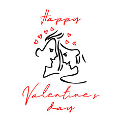 Happy Valentine's Day text. Happy couple woman and man in love. Contour line drawing. Two heads in profile.