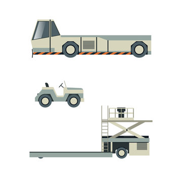 Passenger airport ground technics isolated set in flat style. Tow truck, baggage cart vector illustration. Aviation terminal logistics and airport infrastructure elements
