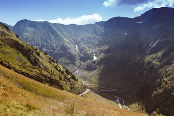 Beautiful view  from Transfagarasan winding road in Fagaras Mountains, Romania, crossing the mountains