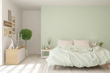 Stylish bedroom in white color. Scandinavian interior design. 3D illustration