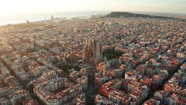 Dawn aerial view of Barcelona with beautiful patterns in Spain.
